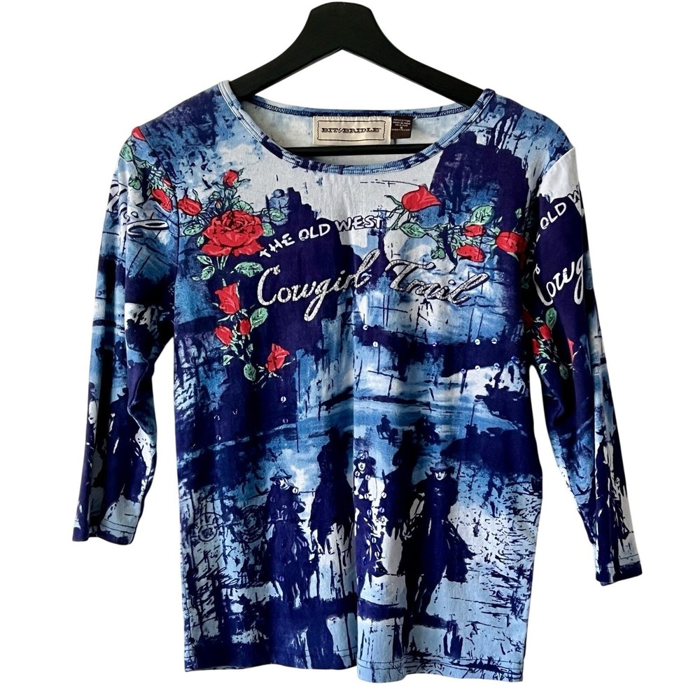 Bit & Bridle Western Cowgirl Trail Graphic Shirt Blue Sequin 3/4 Sleeve Small